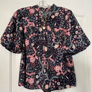 LOFT Dark Blue and Pink Floral Blouse